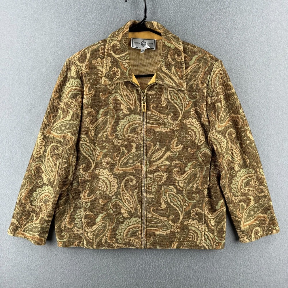Vintage St John Jacket Womes Medium Green Gold Paisley Knit Full Zip Collared